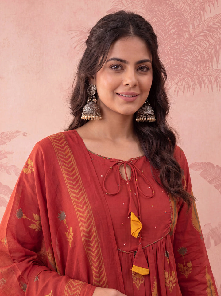 Rust Cotton Kantha Work Sequins Work Anarkali Kurta Dupatta Pant Set