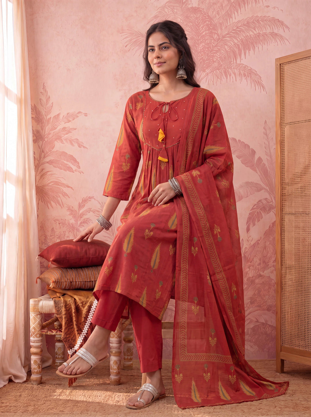 Rust Cotton Kantha Work Sequins Work Anarkali Kurta Dupatta Pant Set