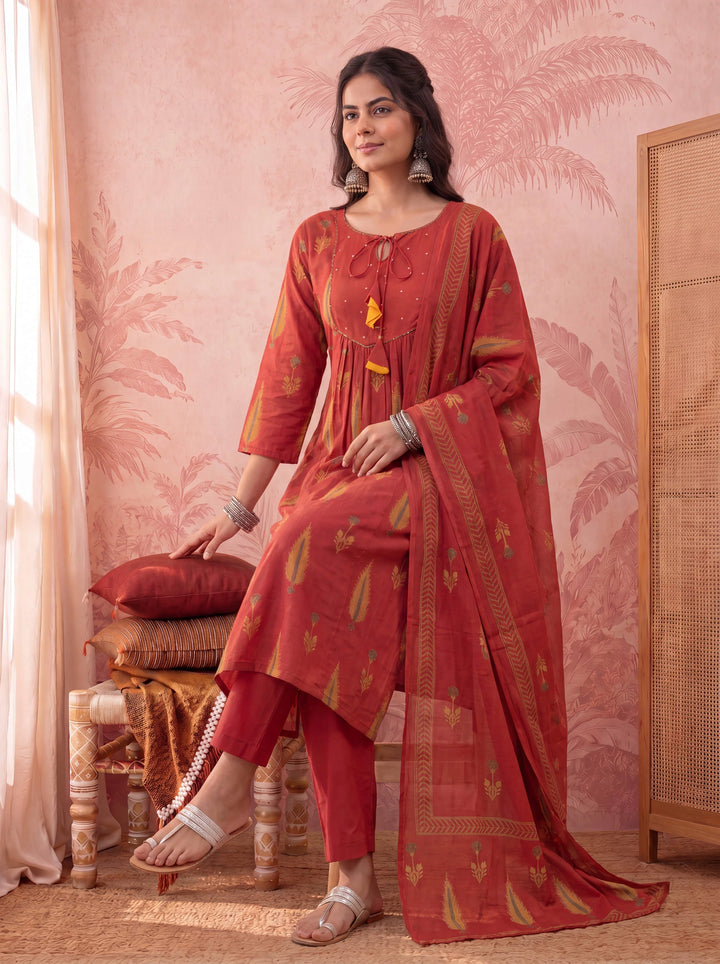 Rust Cotton Kantha Work Sequins Work Anarkali Kurta Dupatta Pant Set