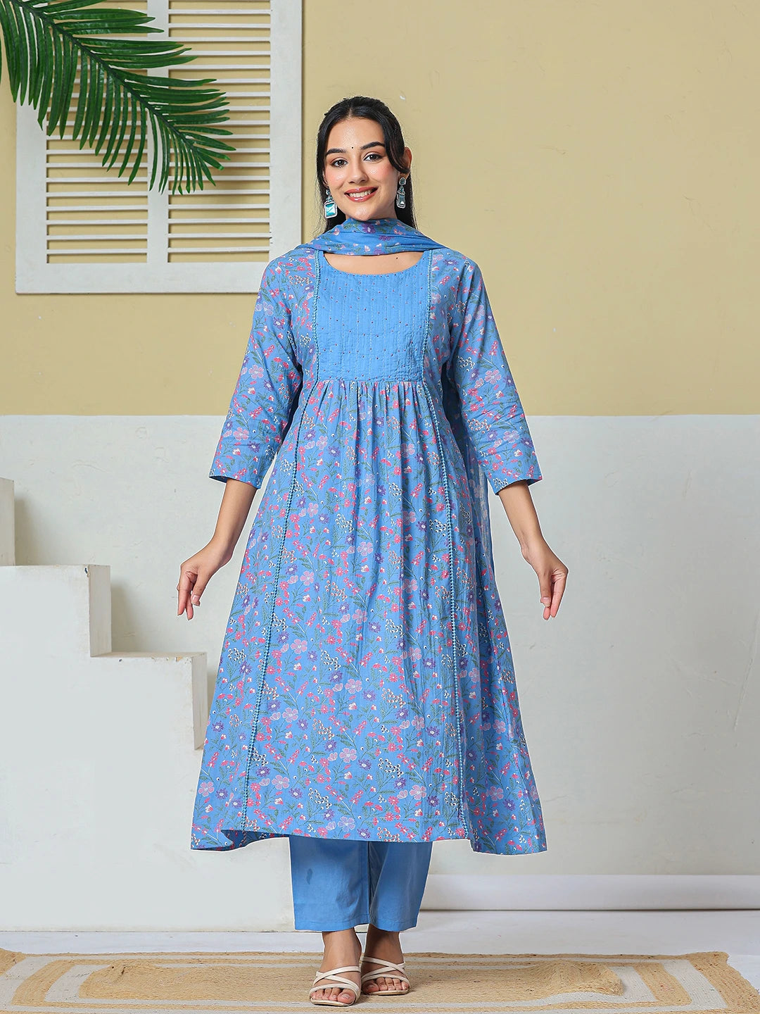Sky Blue Cotton Kantha Work Kurta Pant Dupatta Set