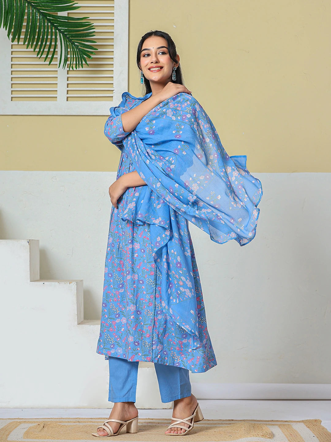 Sky Blue Cotton Kantha Work Kurta Pant Dupatta Set