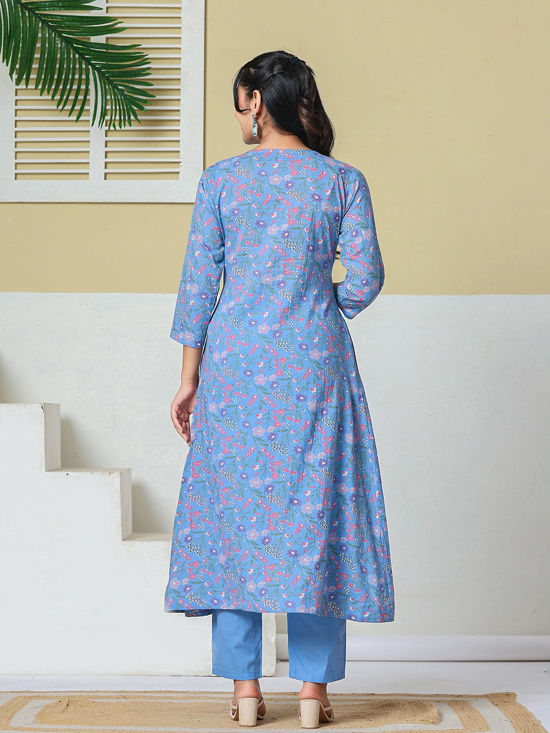 Sky Blue Cotton Kantha Work Kurta Pant Dupatta Set