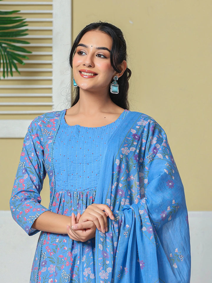 Sky Blue Cotton Kantha Work Kurta Pant Dupatta Set