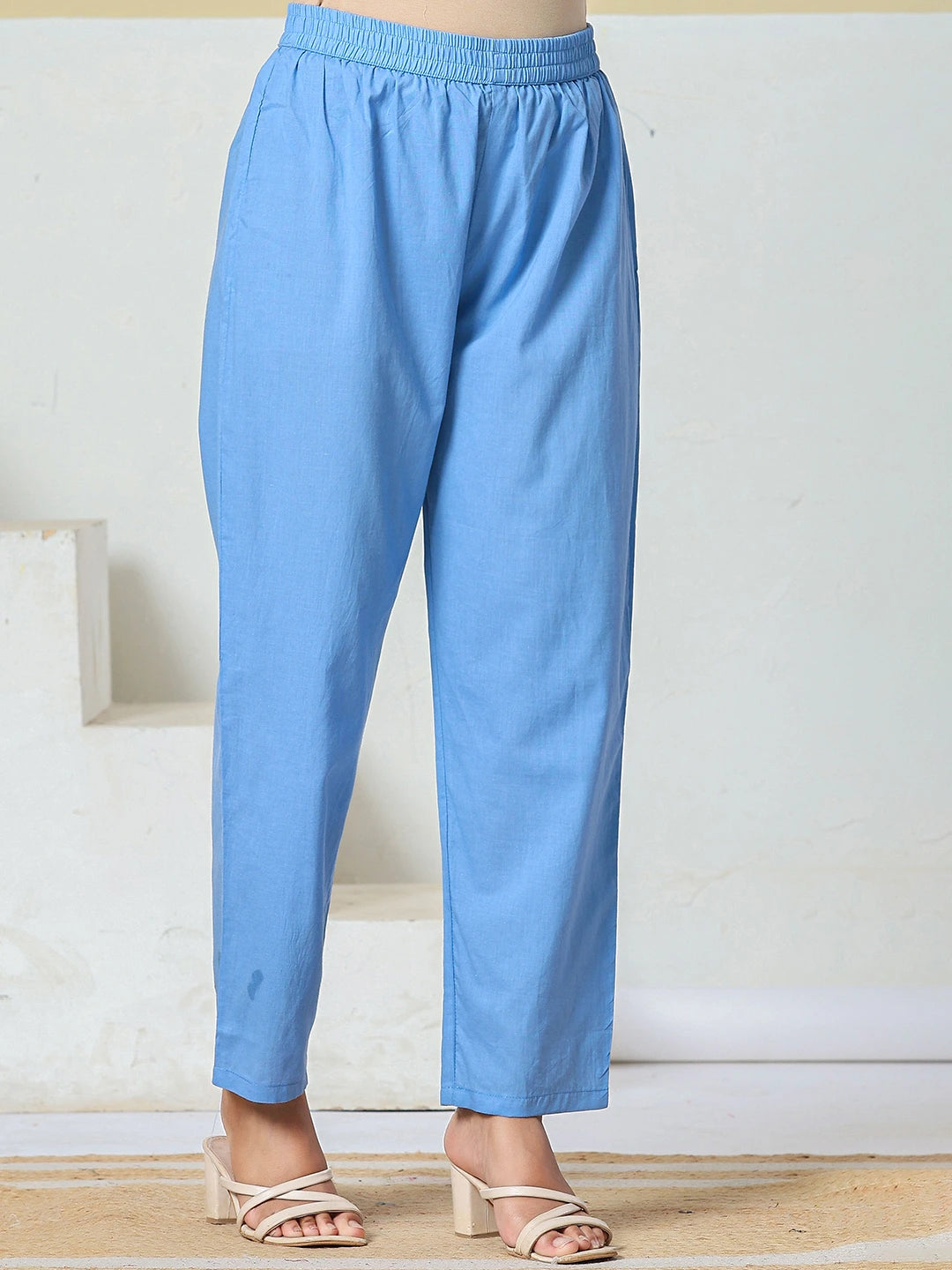 Sky Blue Cotton Kantha Work Kurta Pant Dupatta Set
