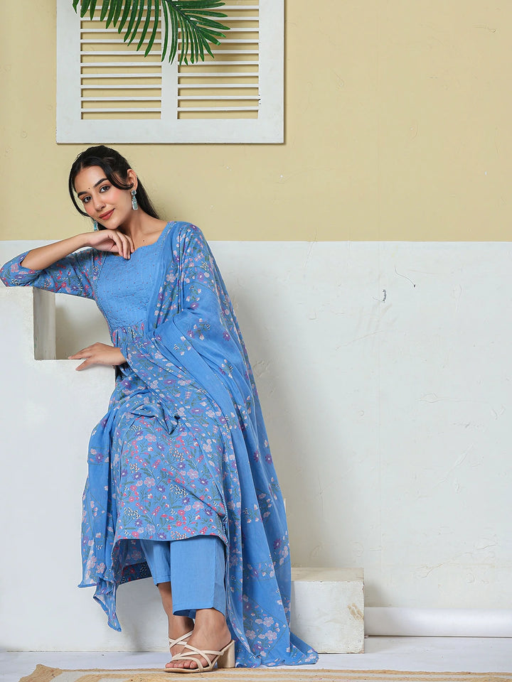 Sky Blue Cotton Kantha Work Kurta Pant Dupatta Set