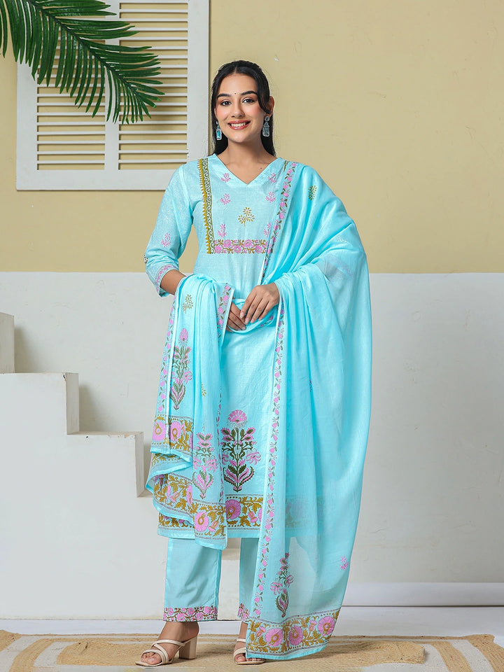 Sky Blue Cotton Kurta Pant Dupatta Set