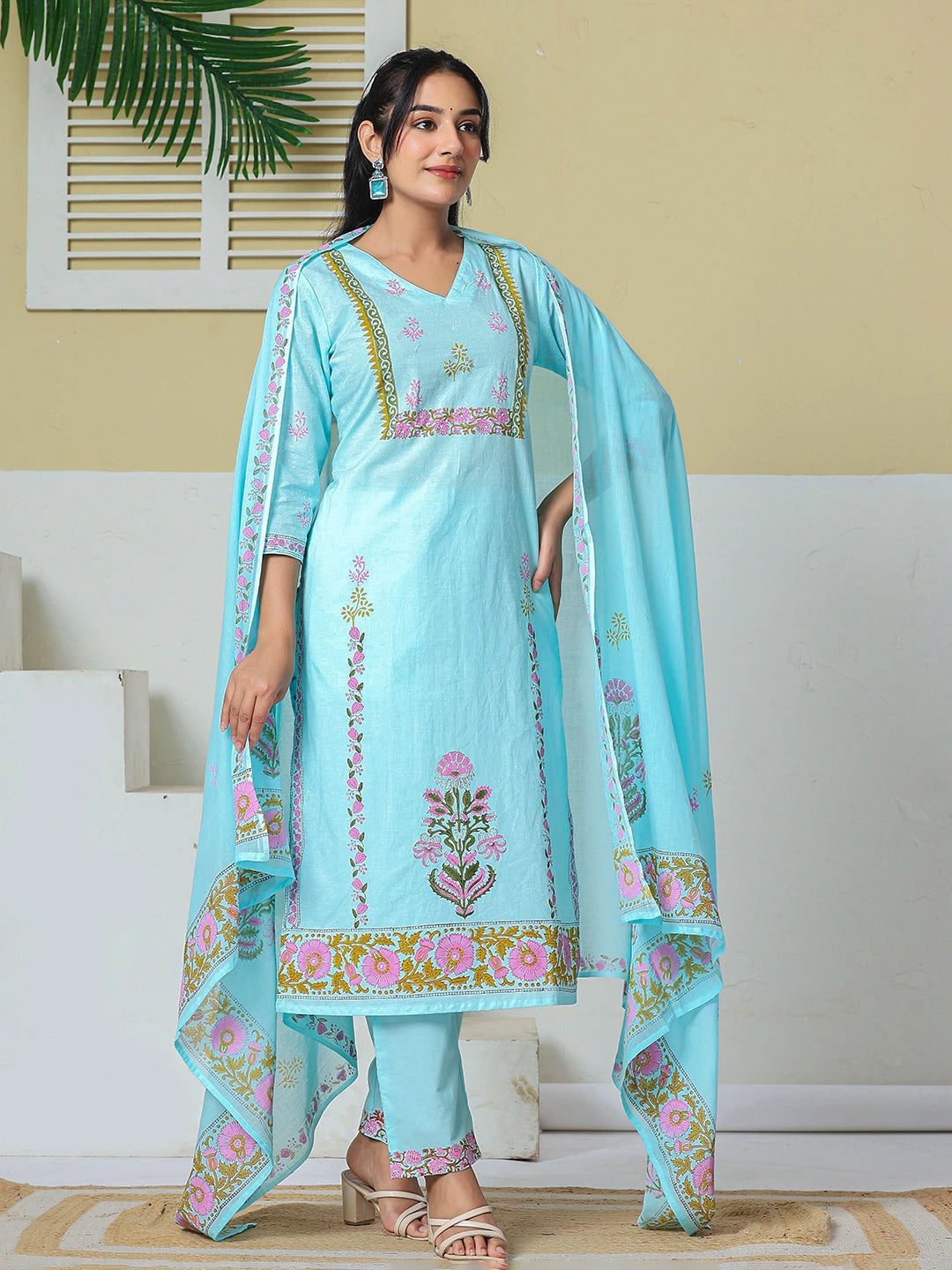 Sky Blue Cotton Kurta Pant Dupatta Set