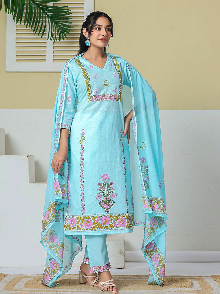Sky Blue Cotton Kurta Pant Dupatta Set