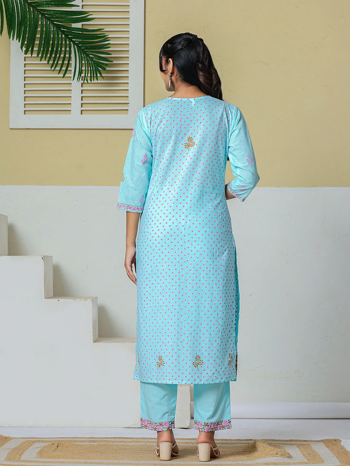 Sky Blue Cotton Kurta Pant Dupatta Set