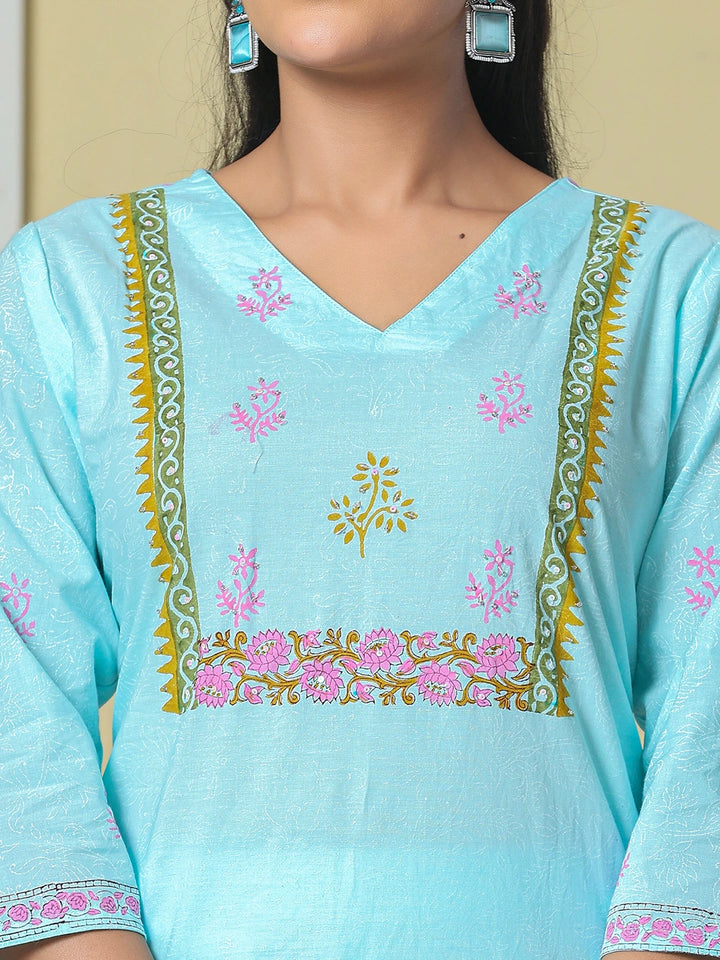 Sky Blue Cotton Kurta Pant Dupatta Set