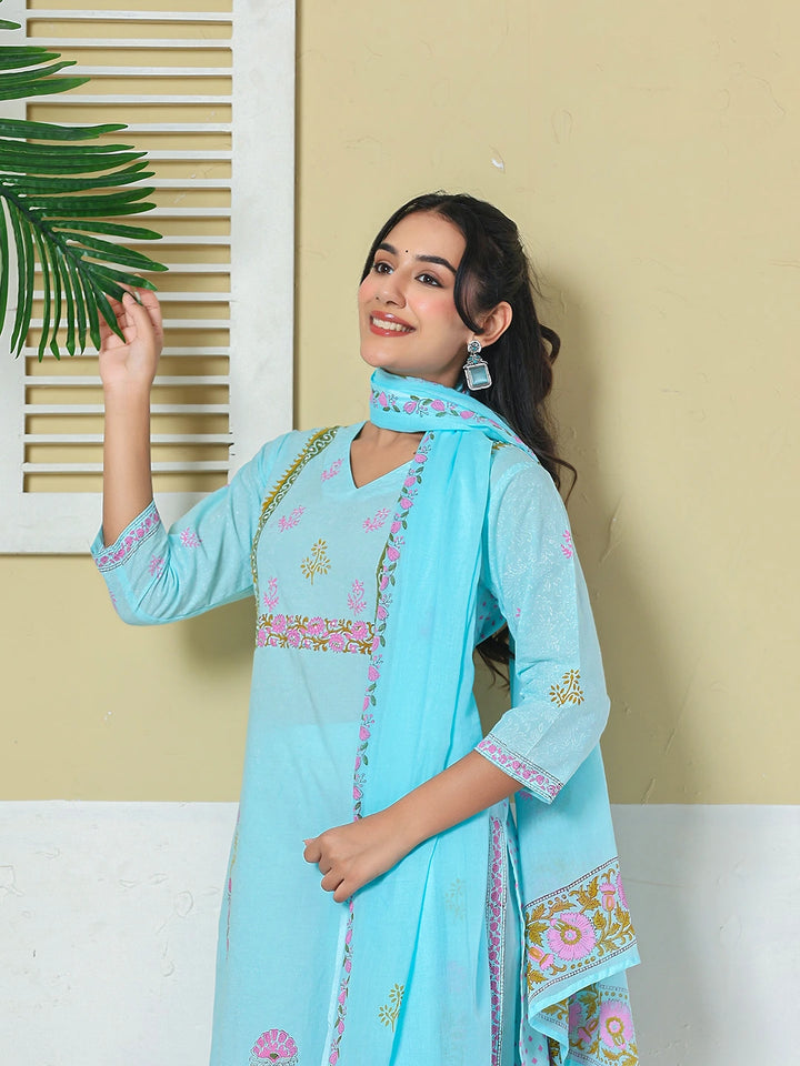 Sky Blue Cotton Kurta Pant Dupatta Set