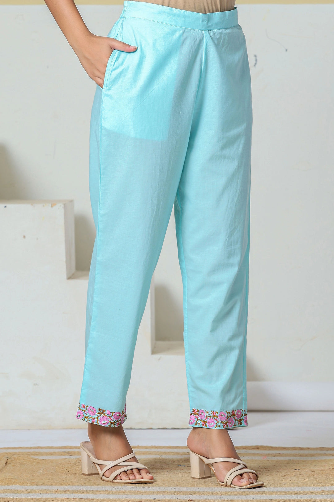 Sky Blue Cotton Kurta Pant Dupatta Set