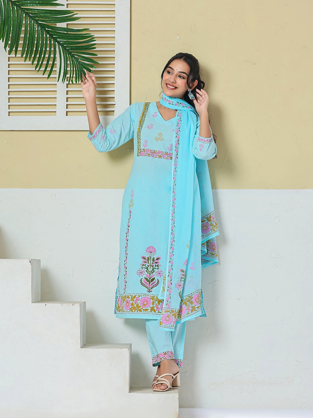 Sky Blue Cotton Kurta Pant Dupatta Set