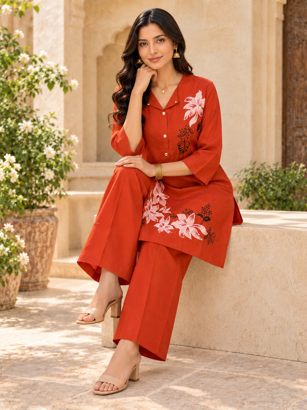 Chanderi Silk  Sky  Rust Co-Ord Set