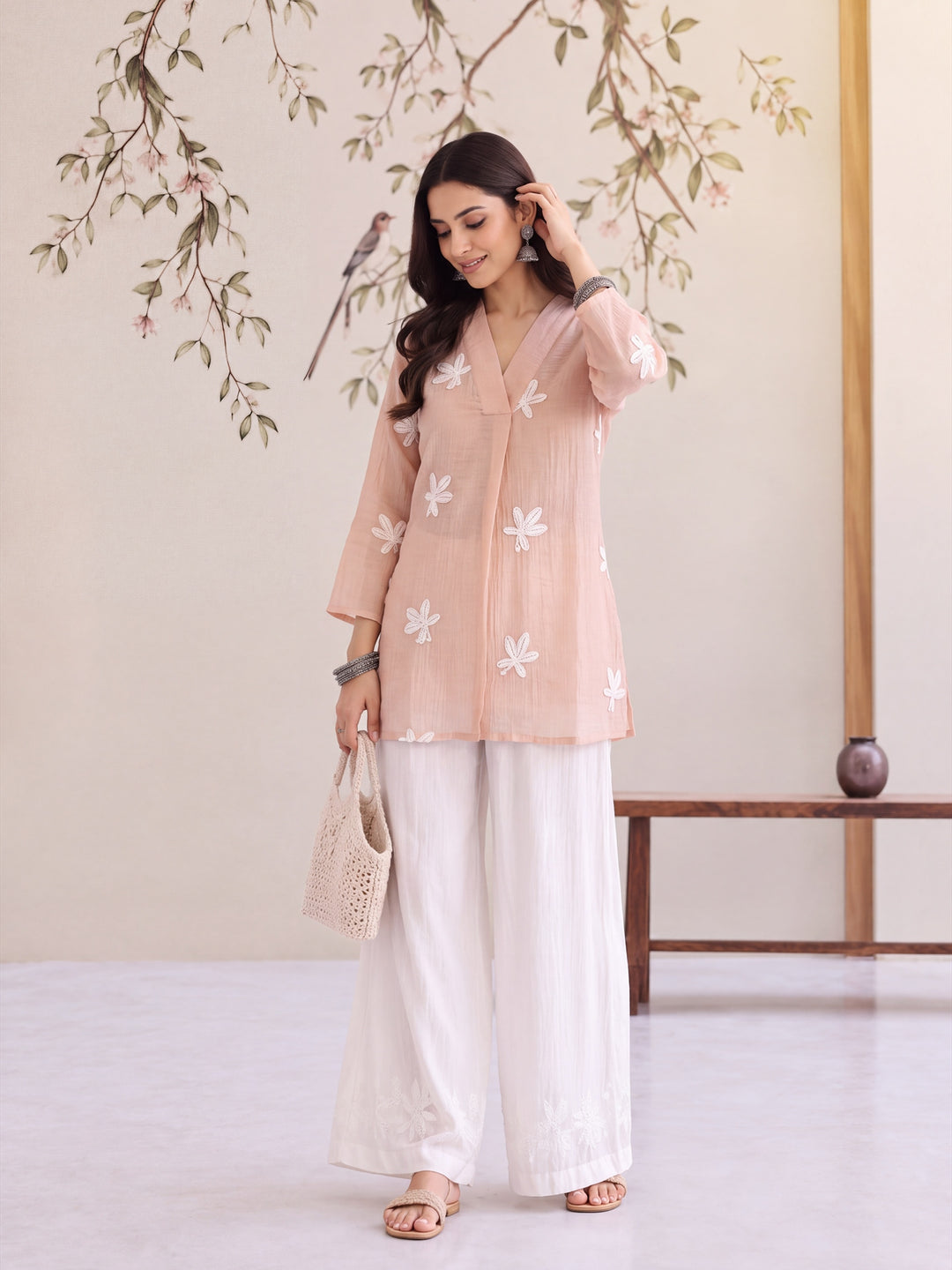 Pink Pure Silk Chanderi Floral Applique Top