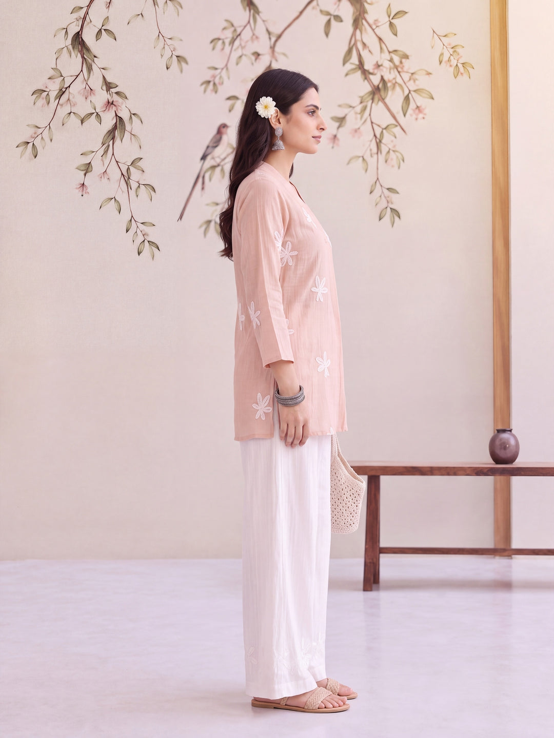 Pink Pure Silk Chanderi Floral Applique Top