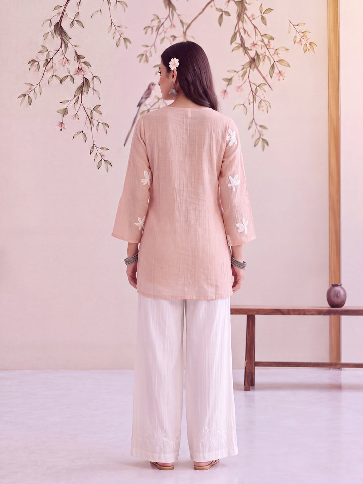 Pink Pure Silk Chanderi Floral Applique Top