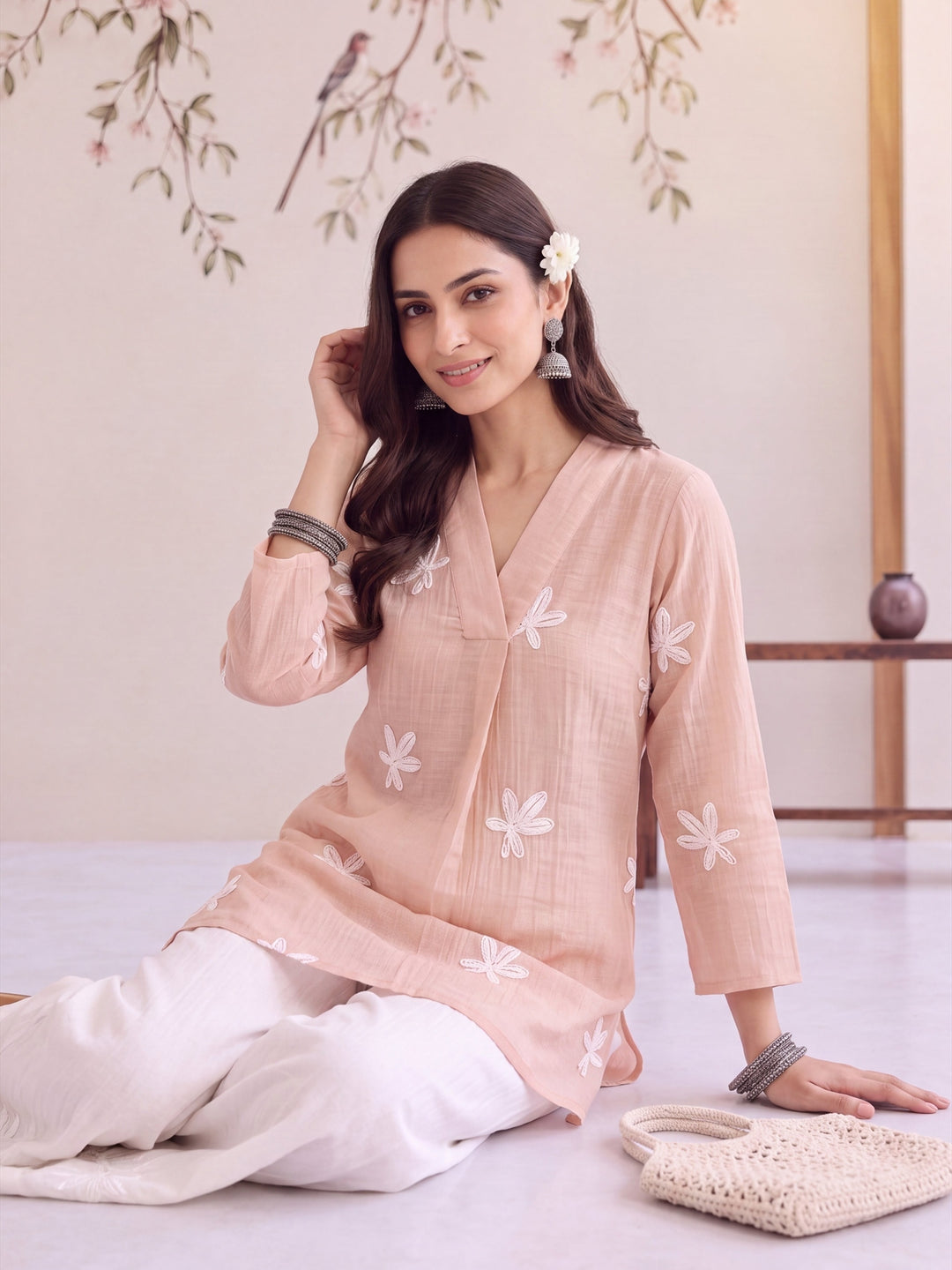 Pink Pure Silk Chanderi Floral Applique Top