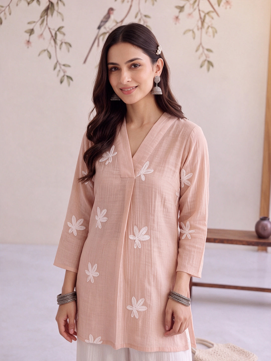 Pink Pure Silk Chanderi Floral Applique Top