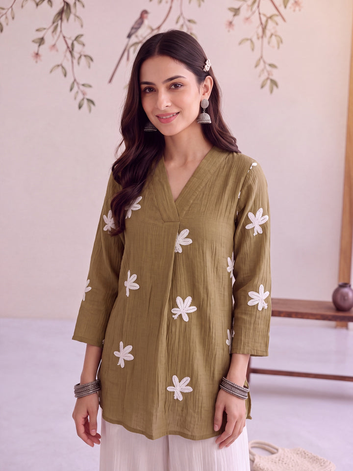 Taupe Yellow Pure Silk Chanderi Floral Applique Top