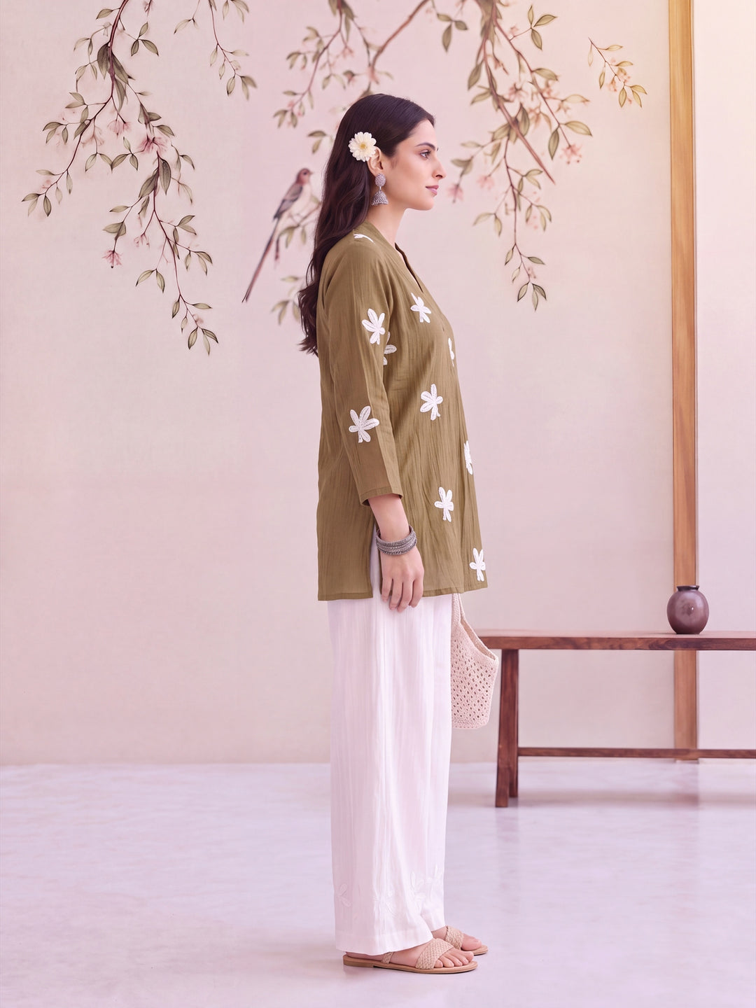 Taupe Yellow Pure Silk Chanderi Floral Applique Top