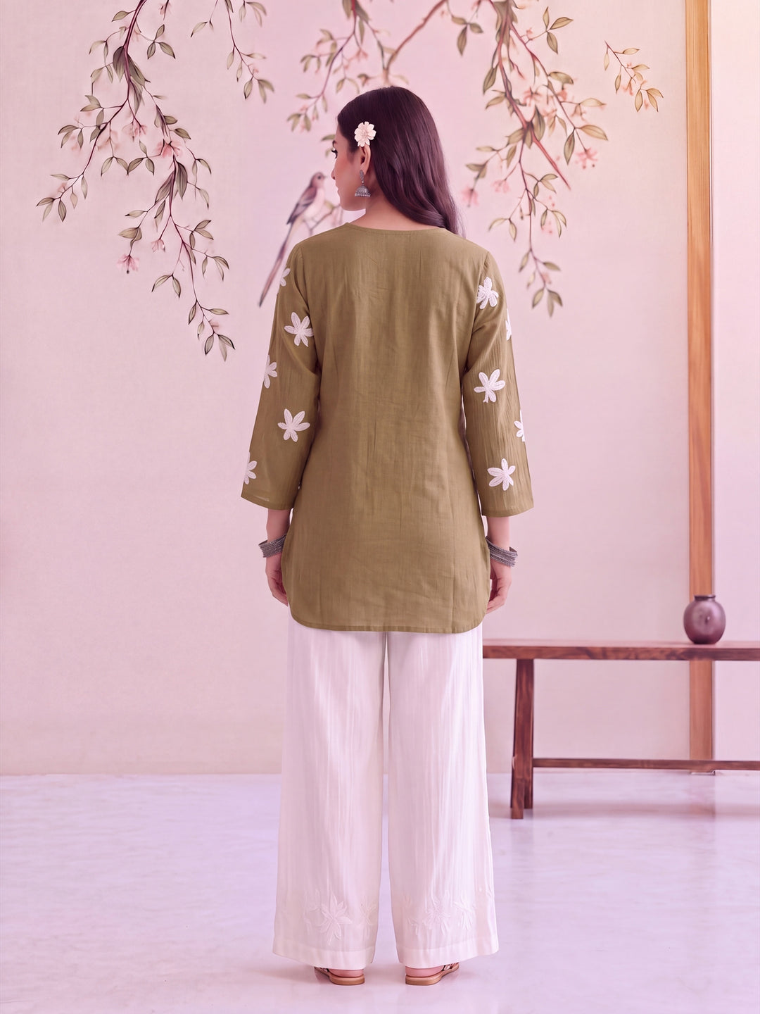 Taupe Yellow Pure Silk Chanderi Floral Applique Top