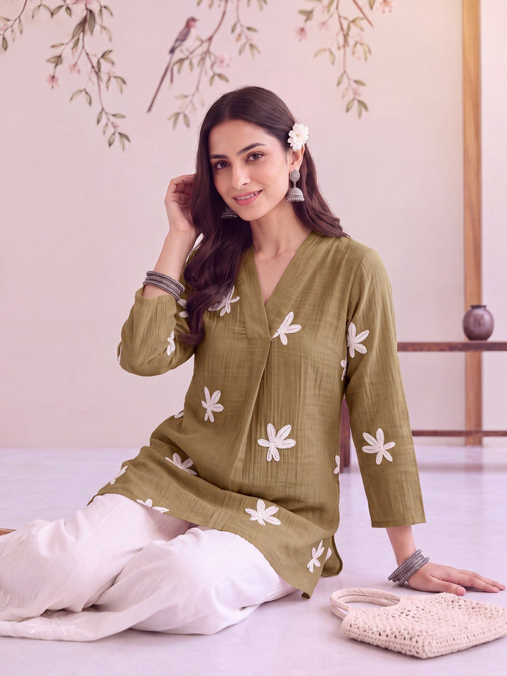 Taupe Yellow Pure Silk Chanderi Floral Applique Top