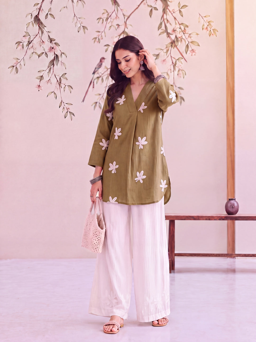 Taupe Yellow Pure Silk Chanderi Floral Applique Top
