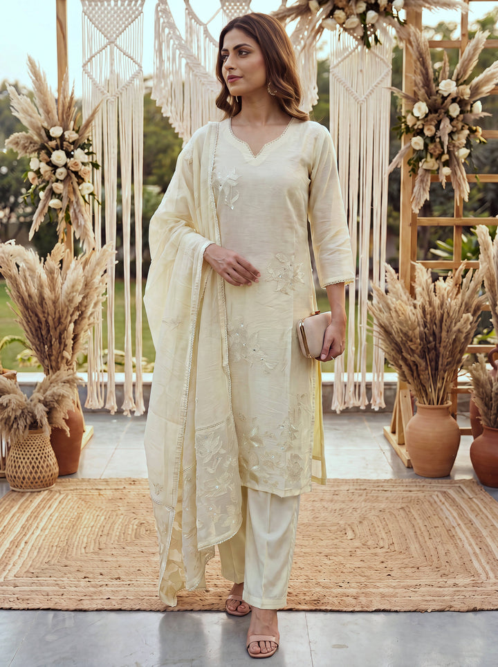 Yellow Chanderi Cotton Lining Kurta Dupatta Pant Set