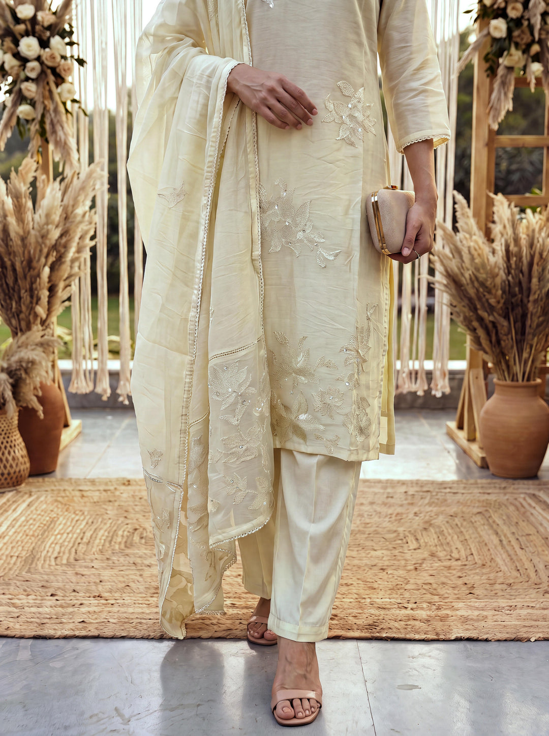 Yellow Chanderi Cotton Lining Kurta Dupatta Pant Set