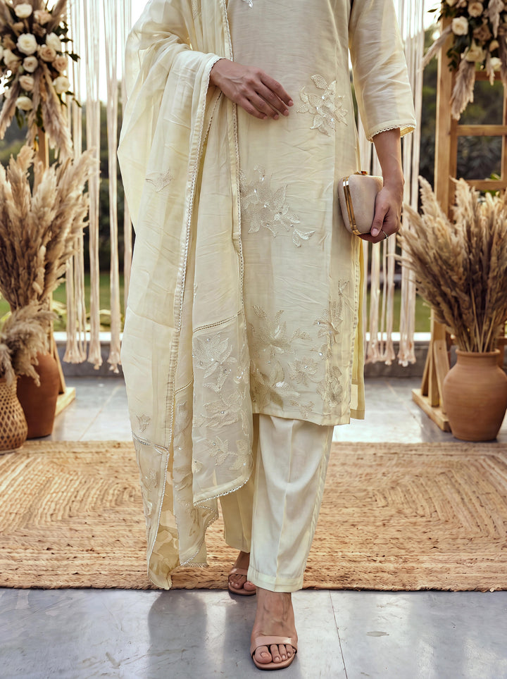 Yellow Chanderi Cotton Lining Kurta Dupatta Pant Set