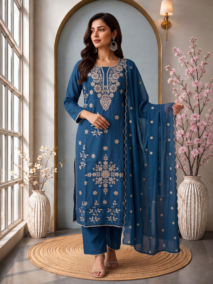 Blue Roman Silk Embroidery Straight Lining Kurta Pant Dupatta Set