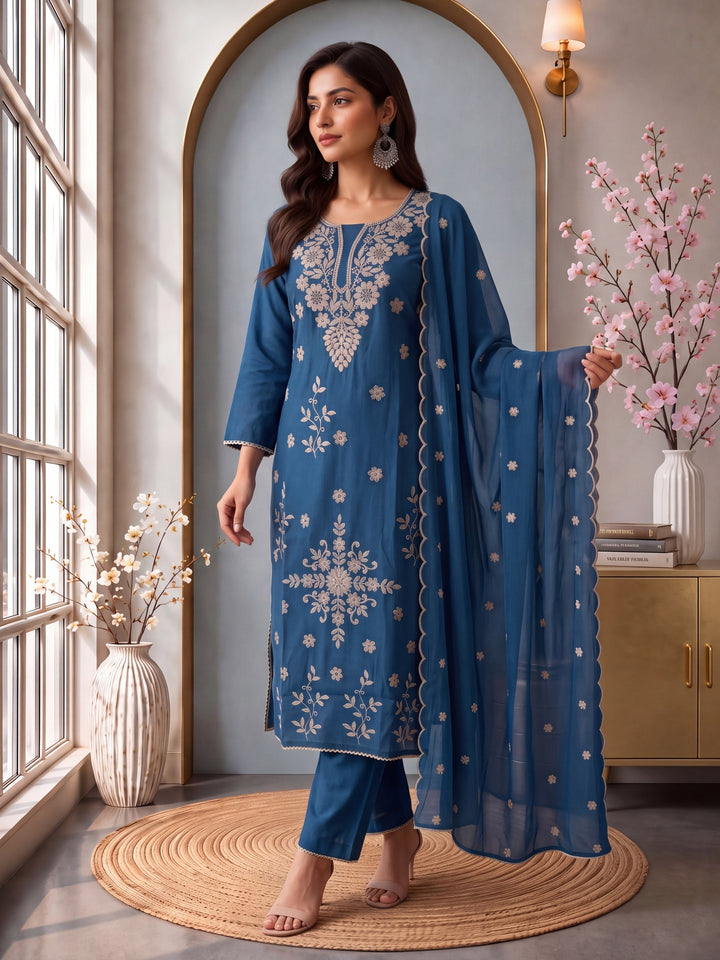 Blue Roman Silk Embroidery Straight Lining Kurta Pant Dupatta Set