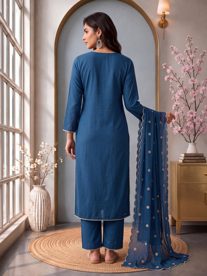 Blue Roman Silk Embroidery Straight Lining Kurta Pant Dupatta Set