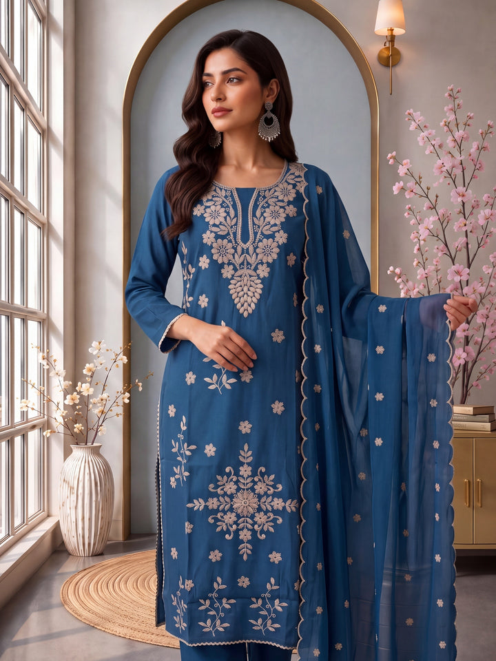Blue Roman Silk Embroidery Straight Lining Kurta Pant Dupatta Set