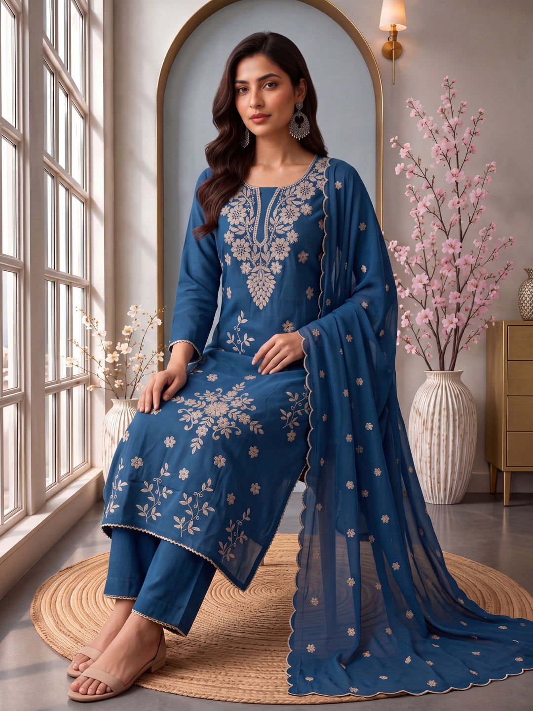 Blue Roman Silk Embroidery Straight Lining Kurta Pant Dupatta Set