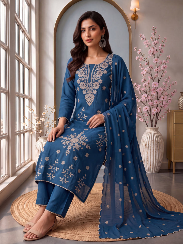 Blue Roman Silk Embroidery Straight Lining Kurta Pant Dupatta Set