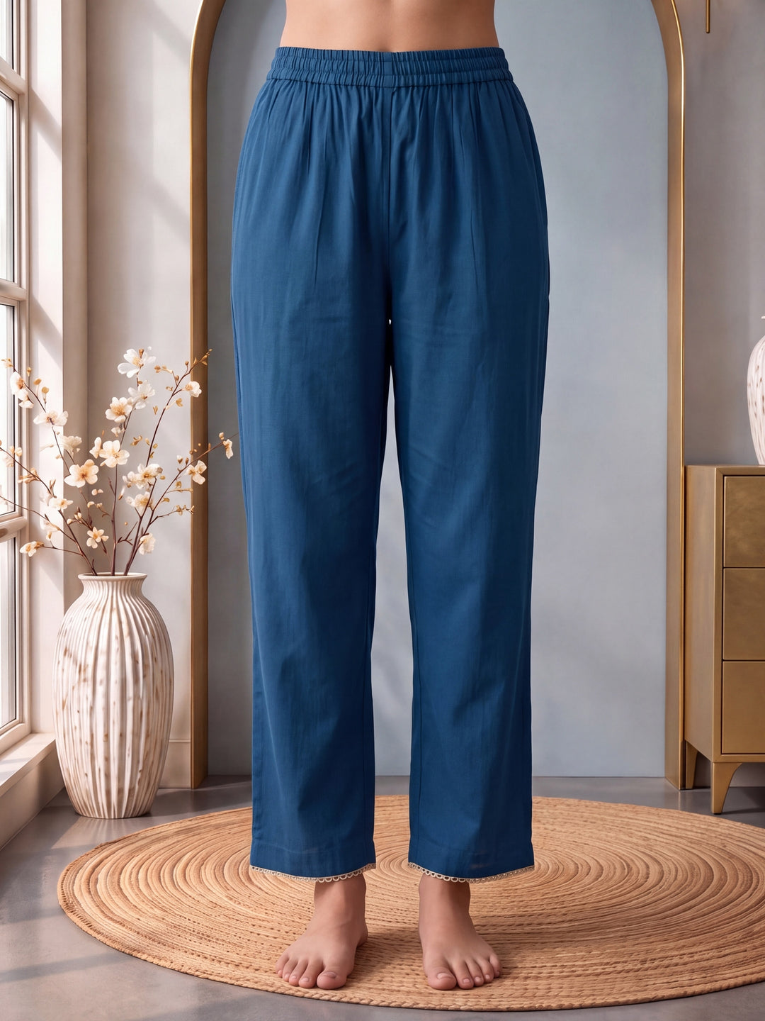Blue Roman Silk Embroidery Straight Lining Kurta Pant Dupatta Set