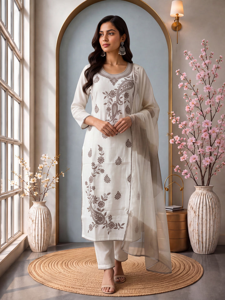 Off White Roman Silk Embroidery Straight Lining Kurta Pant Dupatta Set