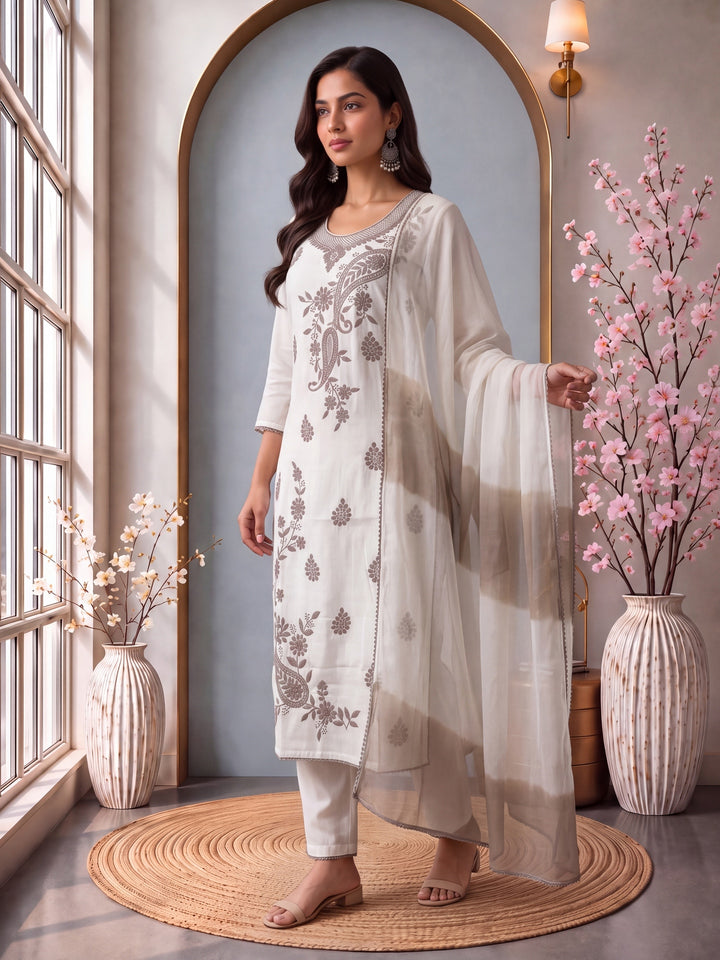 Off White Roman Silk Embroidery Straight Lining Kurta Pant Dupatta Set