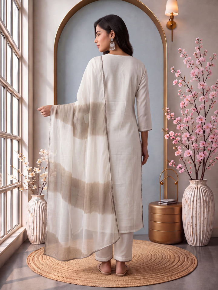 Off White Roman Silk Embroidery Straight Lining Kurta Pant Dupatta Set
