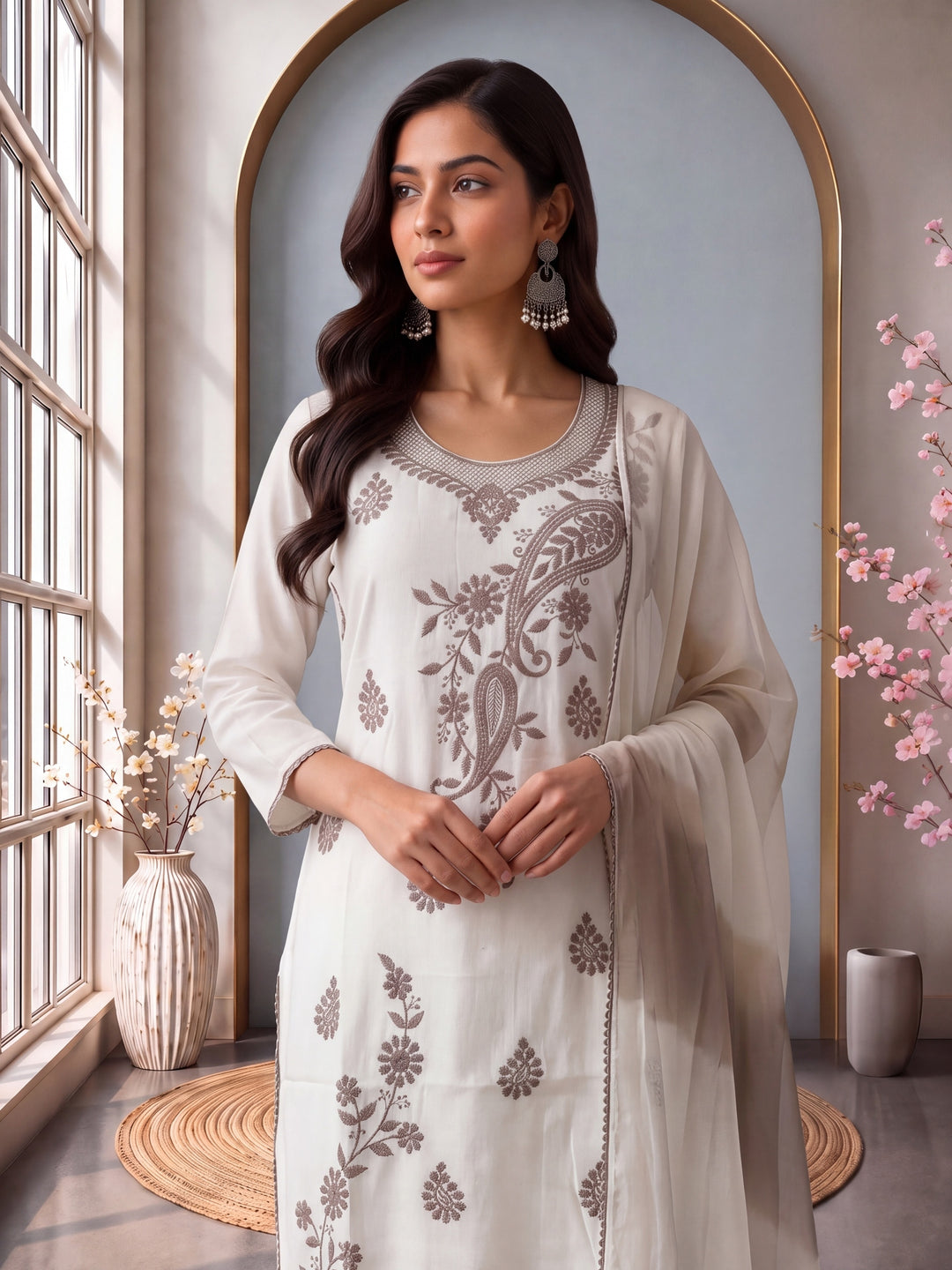 Off White Roman Silk Embroidery Straight Lining Kurta Pant Dupatta Set