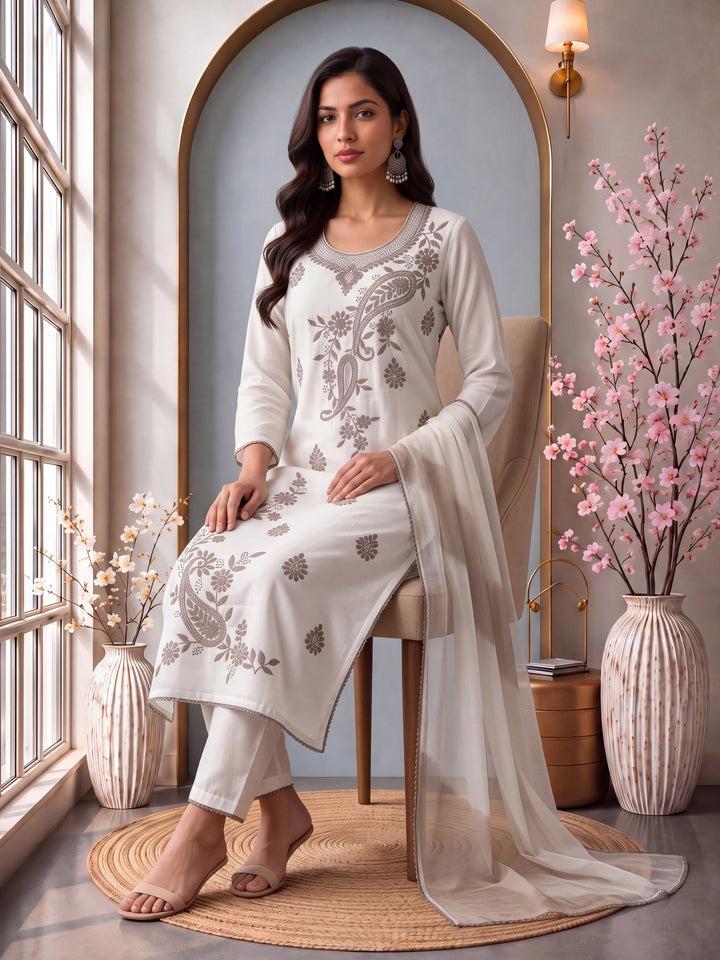 Off White Roman Silk Embroidery Straight Lining Kurta Pant Dupatta Set