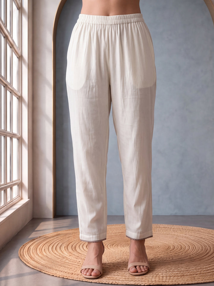 Off White Roman Silk Embroidery Straight Lining Kurta Pant Dupatta Set