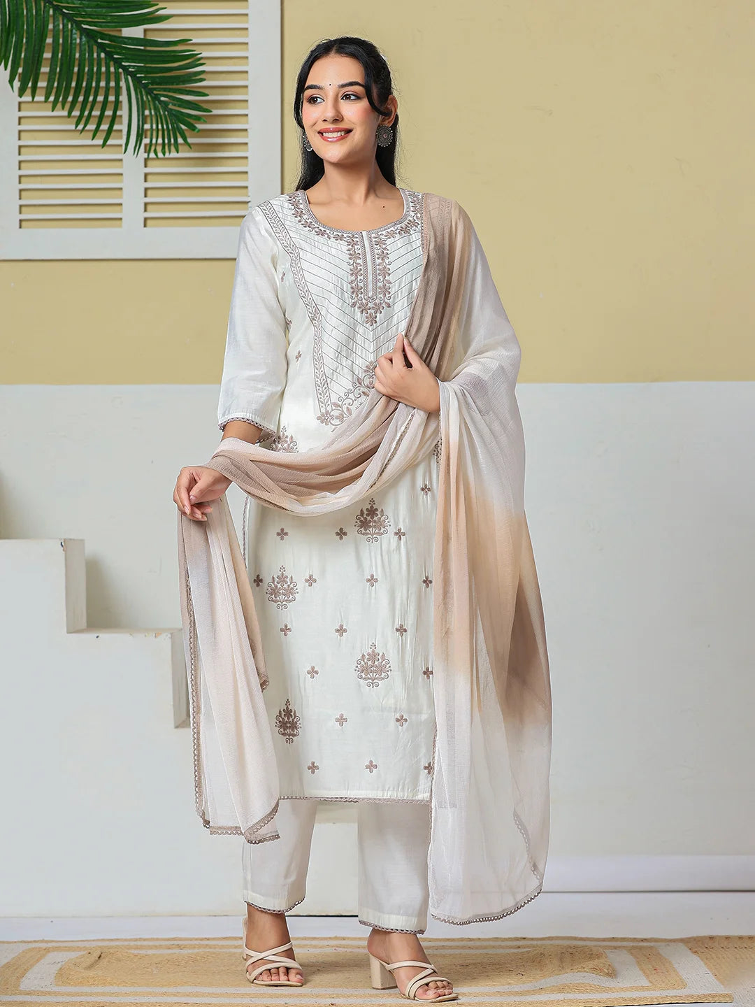 Off White Roman Silk Embroidery Straight Lining Kurta Pant Dupatta Set