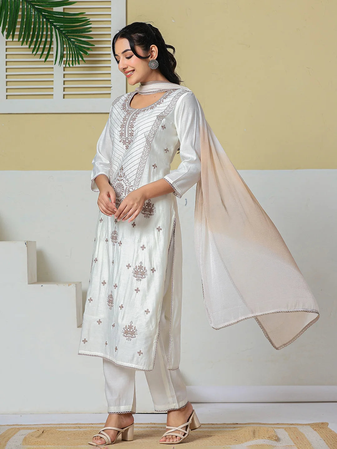 Off White Roman Silk Embroidery Straight Lining Kurta Pant Dupatta Set