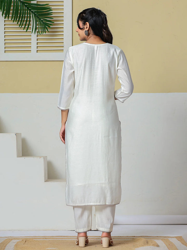 Off White Roman Silk Embroidery Straight Lining Kurta Pant Dupatta Set