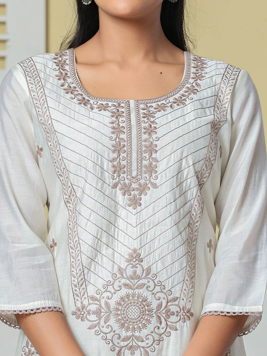Off White Roman Silk Embroidery Straight Lining Kurta Pant Dupatta Set
