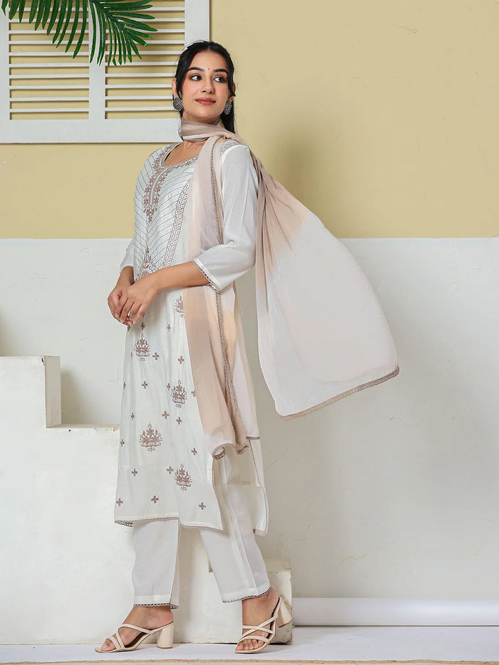 Off White Roman Silk Embroidery Straight Lining Kurta Pant Dupatta Set