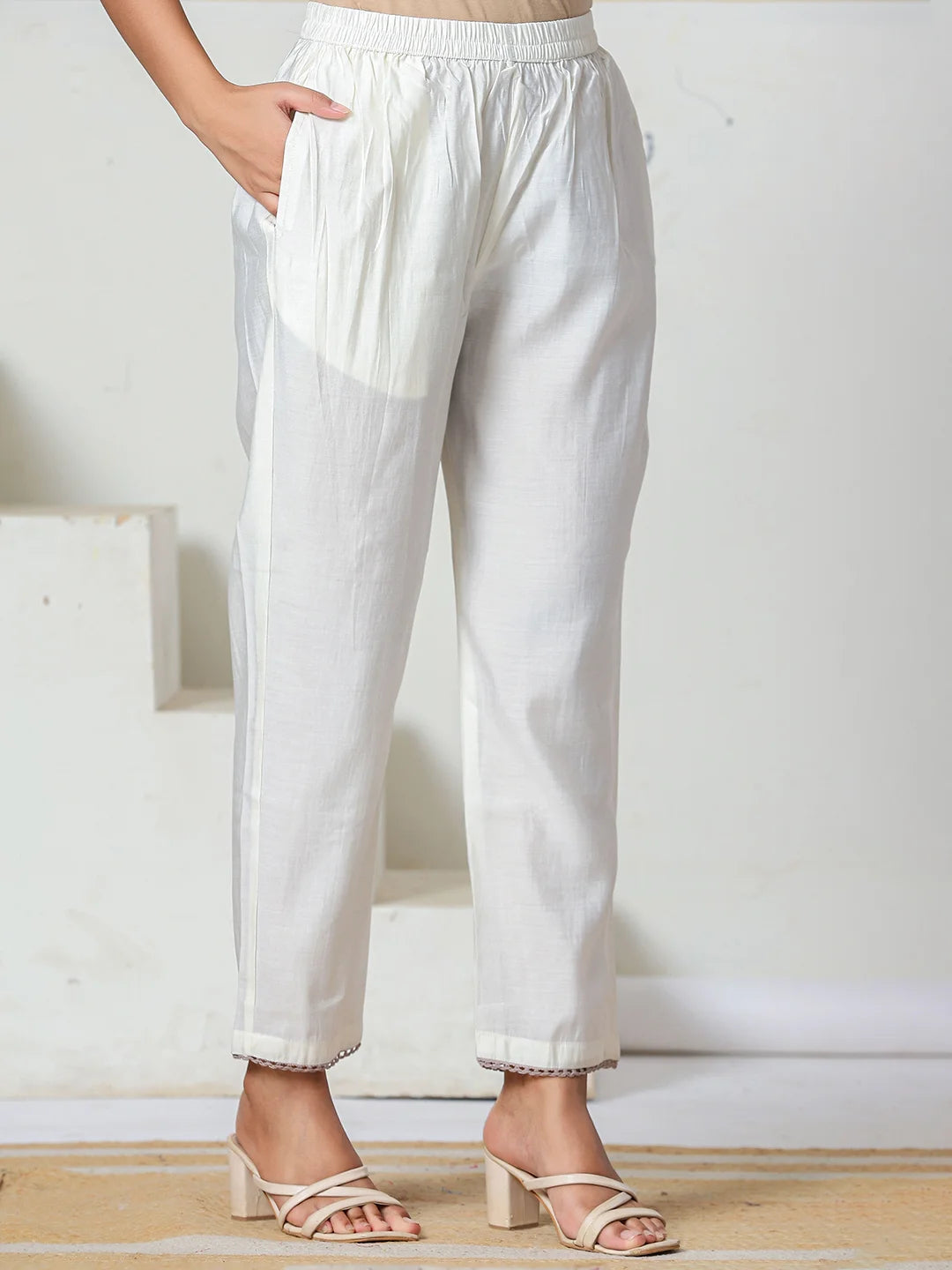Off White Roman Silk Embroidery Straight Lining Kurta Pant Dupatta Set